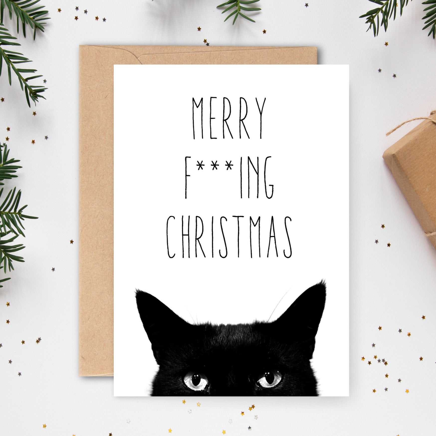 Weihnachts-Grußkarte: Merry F***ing Christmas – die Weihnachtskarte mit Katze